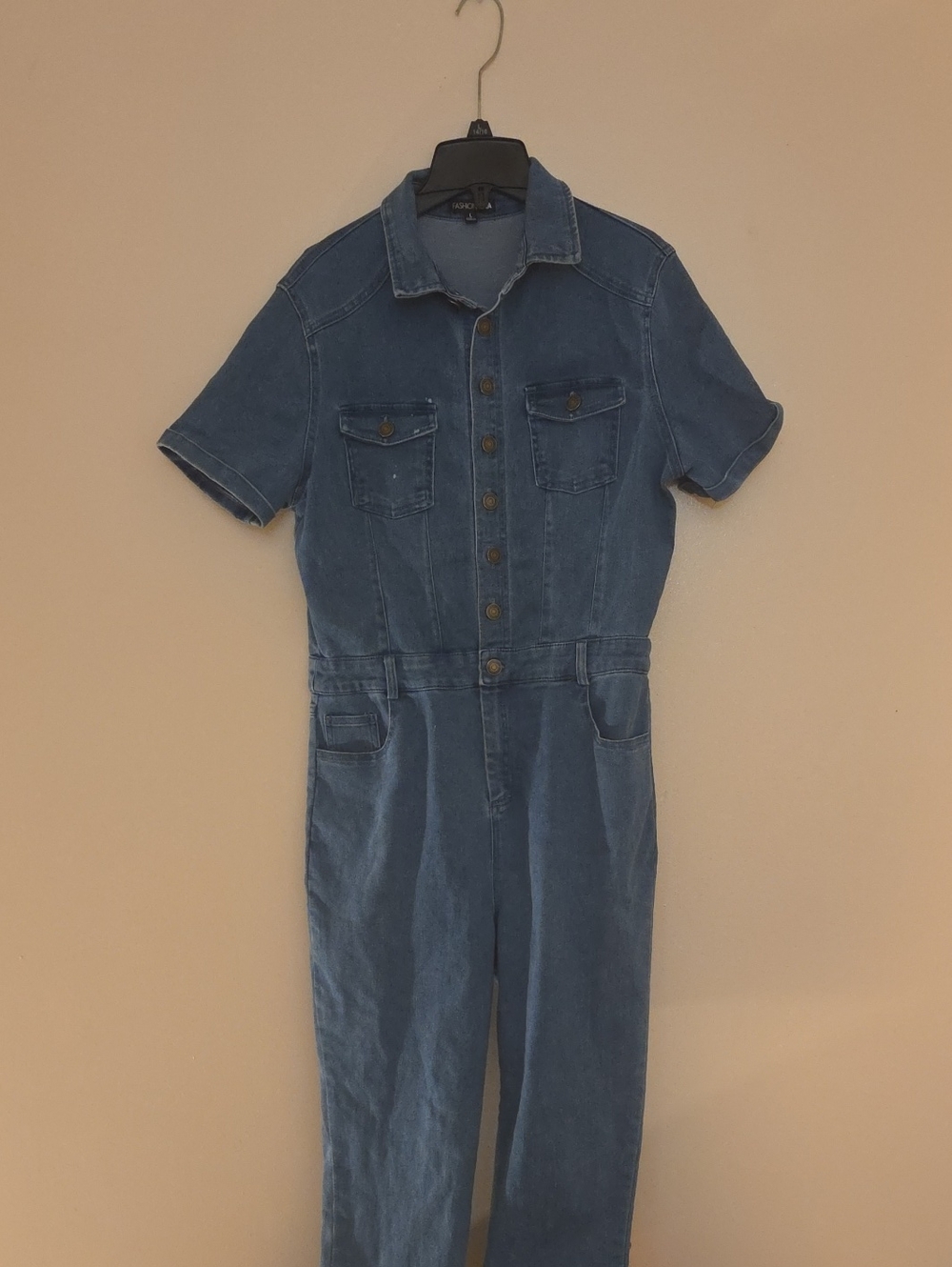 Fashion Nova Short-Sleeve Denim Jumpsuit - Medium Blue